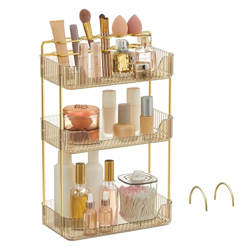 SONGMICS Makeup Organizer 3Tier Skincare Organizer Countertop Customizable 2 Types of Accessories Jewelry Holder for Vanity Bedroom Bathroom Champagne Gold UJKA013A01 - Image 1