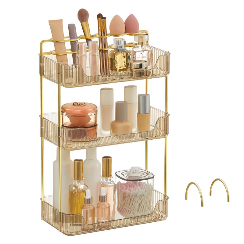 SONGMICS Makeup Organizer 3Tier Skincare Organizer Countertop Customizable 2 Types of Accessories Jewelry Holder for Vanity Bedroom Bathroom Champagne Gold UJKA013A01 - Image 2