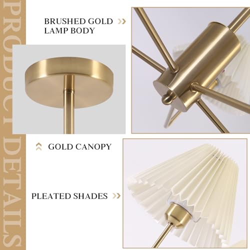 KCO Lighting 5-Lights White Pleated Fabric Pendant Light Mid Century Modern Brushed Gold Sputnik Chandelier Traditional Dining Living Room Chandelier Above Dining Table - Image 3