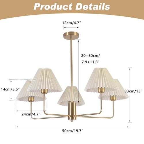 KCO Lighting 5-Lights White Pleated Fabric Pendant Light Mid Century Modern Brushed Gold Sputnik Chandelier Traditional Dining Living Room Chandelier Above Dining Table - Image 2