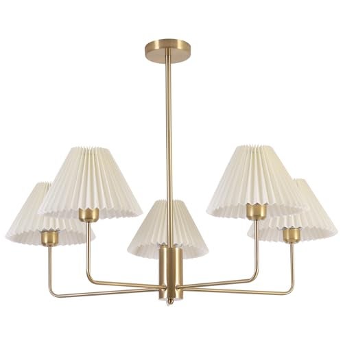 KCO Lighting 5-Lights White Pleated Fabric Pendant Light Mid Century Modern Brushed Gold Sputnik Chandelier Traditional Dining Living Room Chandelier Above Dining Table - Image 1
