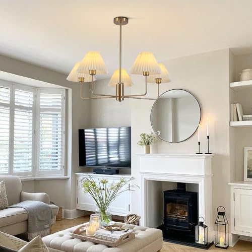 KCO Lighting 5-Lights White Pleated Fabric Pendant Light Mid Century Modern Brushed Gold Sputnik Chandelier Traditional Dining Living Room Chandelier Above Dining Table - Image 4