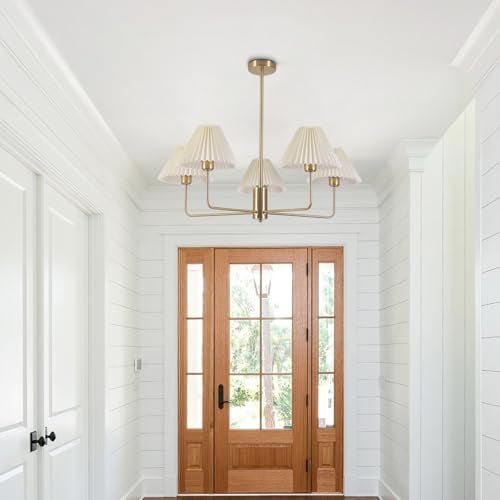 KCO Lighting 5-Lights White Pleated Fabric Pendant Light Mid Century Modern Brushed Gold Sputnik Chandelier Traditional Dining Living Room Chandelier Above Dining Table - Image 5
