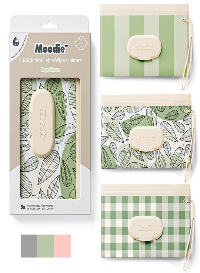 Moodie NEW 3 PACK Baby Wipes Holder | Refillable Wipes Container w/ DOUBLE-LOCK SEAL |Travel Wipe Case | Portable Wipe Dispenser for Diaper Bag w Silicone Strap | Reusable Wipes Pouch (SAGE GREEN) - Image 1