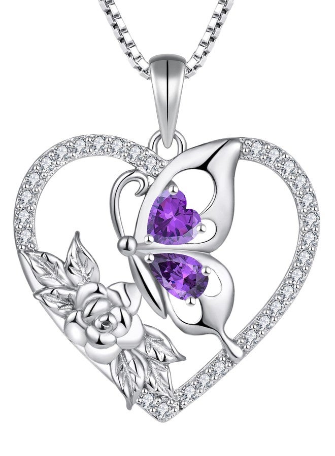 YL Women's Butterfly Necklace 925 Sterling Silver Flower Rose Pendant Created Amethyst Halo Jewelry - Image 1