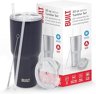 BUILT Double Walled Stainless Steel Tumbler Set with Replacement Lid, 2 Reusable Tritan Wire StrawÃ‚Â Cleaning Brush in - Image 1