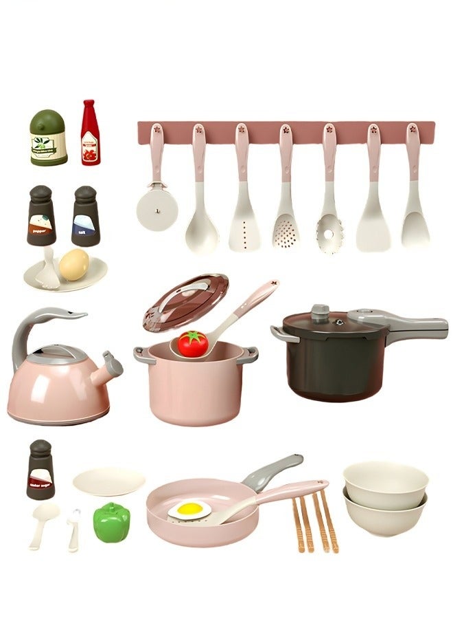 ميكسد لعبة تنكرية للمطبخ 32 قطعة ، ملحقات مجموعة ألعاب الطهي مع أواني اللعب ، المقالي ، ألعاب أواني الطبخ ، مجموعة لعب الطعام ، لعبة خضروات معلبة ، هدية تعليمية للبنات والأولاد والأطفال باللون الوردي - Image 1
