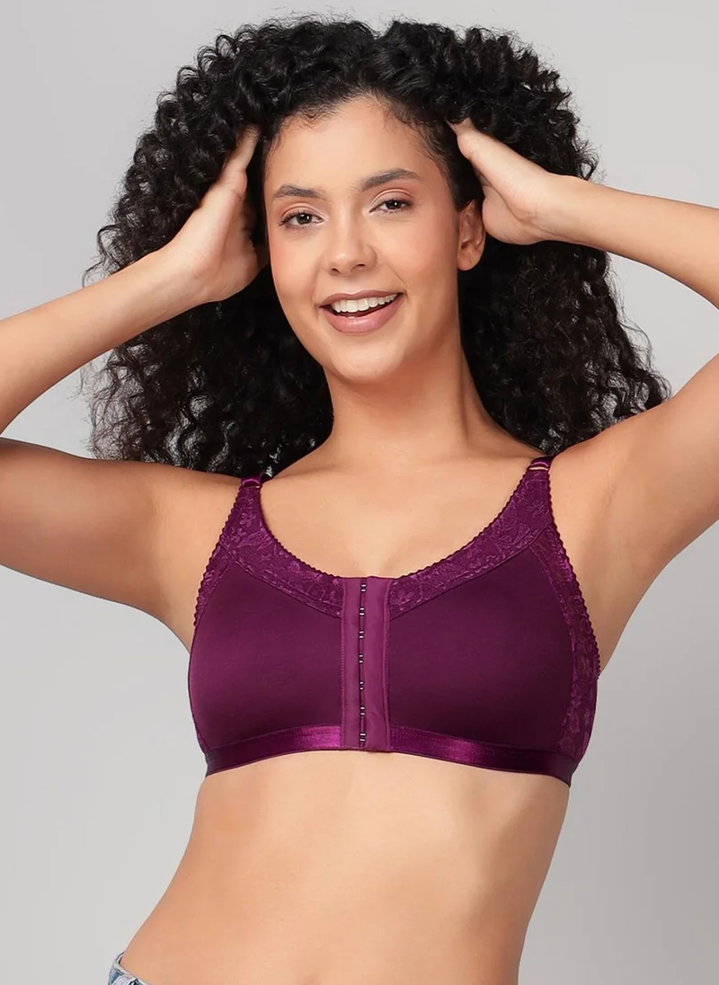Clovia Purple Clovia Non-Padded Non-Wired Spacer Cup Easy-On Front Open Full Figure Bra in Wine Colour - Cotton Rich for Women | Best Price UAE