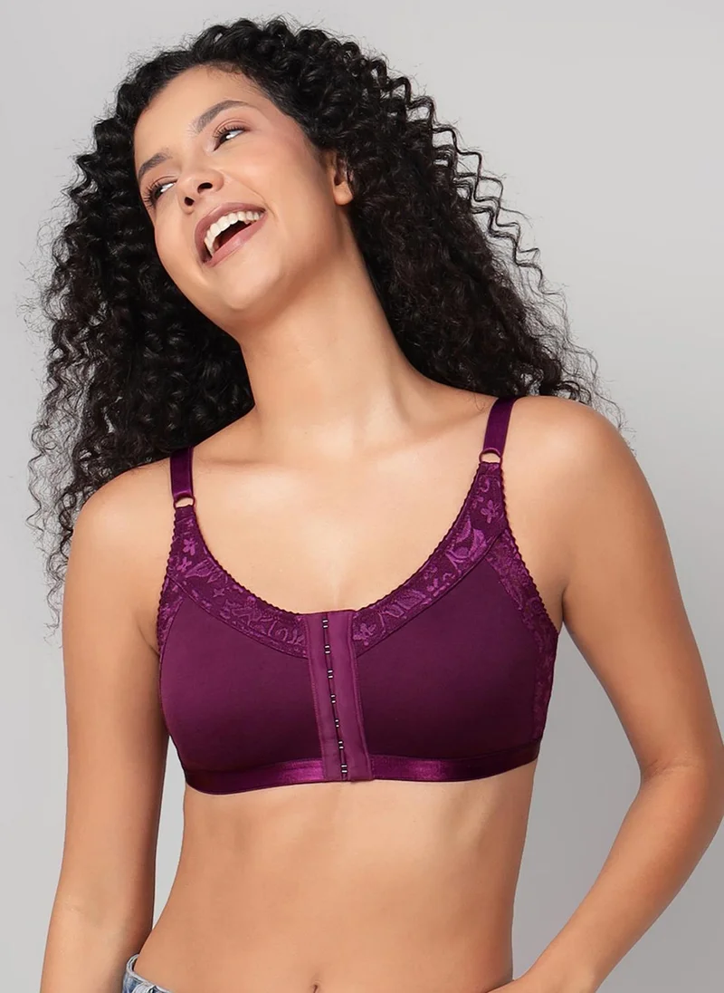 Clovia Purple Clovia Non-Padded Non-Wired Spacer Cup Easy-On Front Open Full Figure Bra in Wine Colour - Cotton Rich for Women | Best Price UAE