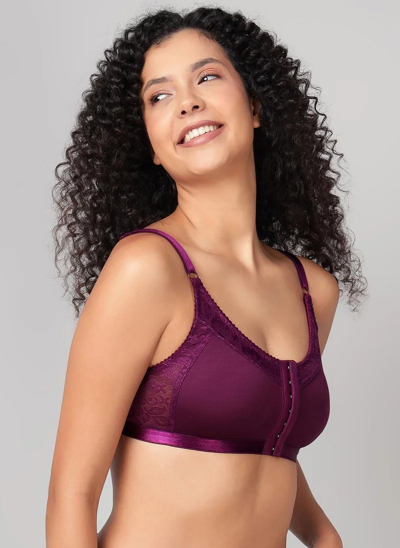 Clovia Purple Clovia Non-Padded Non-Wired Spacer Cup Easy-On Front Open Full Figure Bra in Wine Colour - Cotton Rich for Women | Best Price UAE