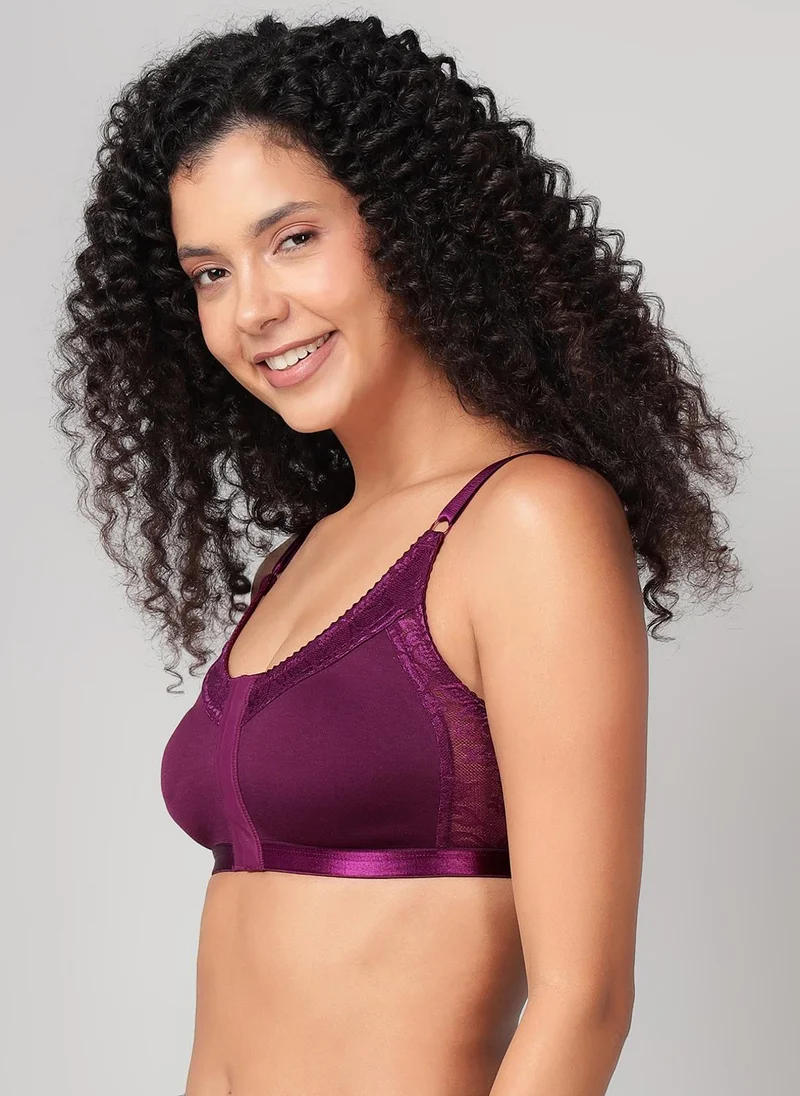 Clovia Purple Clovia Non-Padded Non-Wired Spacer Cup Easy-On Front Open Full Figure Bra in Wine Colour - Cotton Rich for Women | Best Price UAE