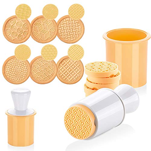 KAISHANE Silicone Cookie Stamps Set for Baking  Geo Geometric Figure Cookie Stamps with Handle and 6 Silicone Stamps High Heat Resistant to 480F Yellow Color