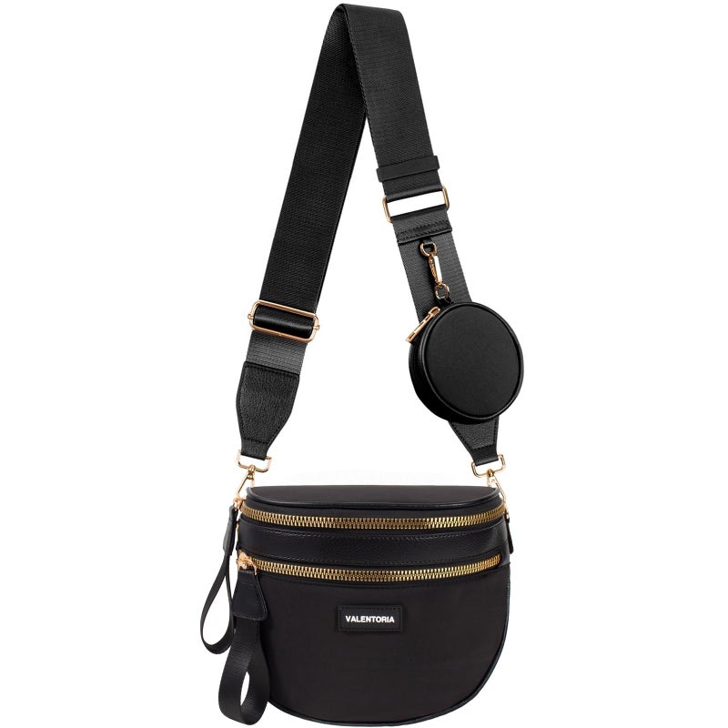 Valentoria Nylon Crossbody Bags for Women Spacious Bum Bags for Women Crossbody Large Fanny Pack for Men with Removable Wallets Purse Belt Pouch (Black) - Image 1