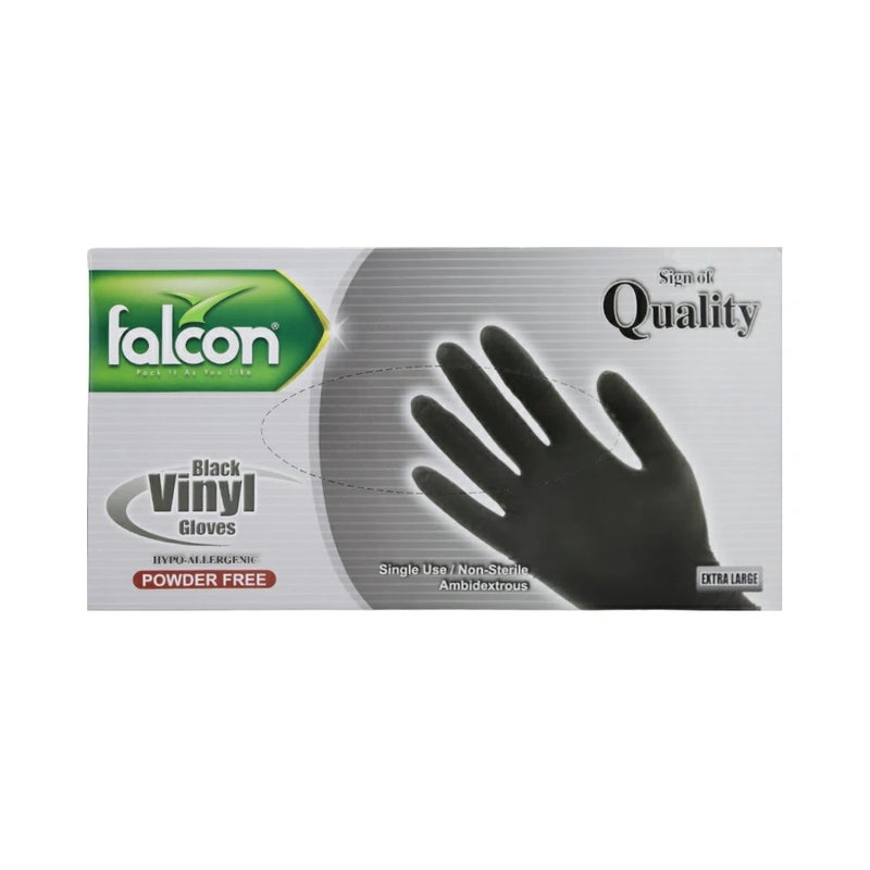 Falcon Black Vinyl Gloves Hypo-Allergenic Powder Free Disposable Gloves- Extra Large- 100pcs - Image 1