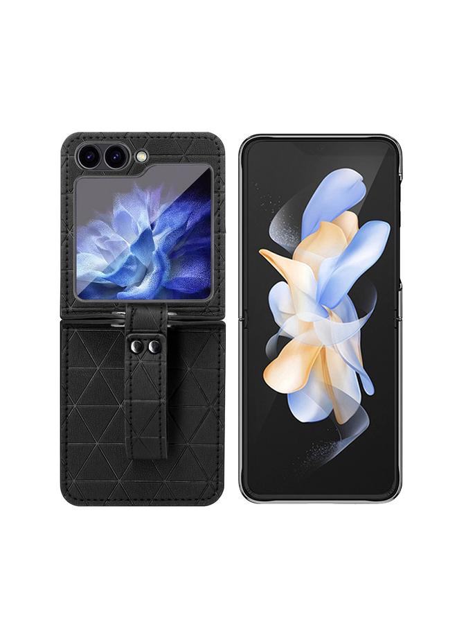 اس-توب جراب لهاتف Samsung Galaxy Z Flip5 مصنوع من جلد البولي يوريثان الهجين المطلي بالكهرباء مع سوار معصم - Image 3