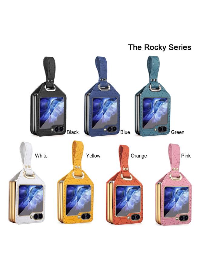 اس-توب جراب لهاتف Samsung Galaxy Z Flip5 مصنوع من جلد البولي يوريثان الهجين المطلي بالكهرباء مع سوار معصم - Image 2