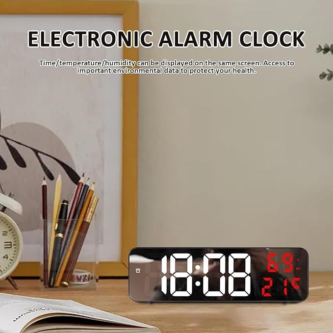 Deoxys LED Digital Wall Clock Table Alarm Clock Large Display Desk Mirror Clock with Adjustable Brightness Temperature Date Humidity Display - Image 2