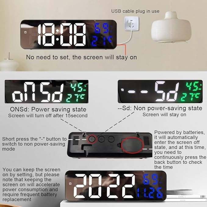Deoxys LED Digital Wall Clock Table Alarm Clock Large Display Desk Mirror Clock with Adjustable Brightness Temperature Date Humidity Display - Image 5