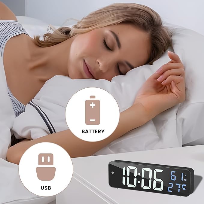 Deoxys LED Digital Wall Clock Table Alarm Clock Large Display Desk Mirror Clock with Adjustable Brightness Temperature Date Humidity Display - Image 3