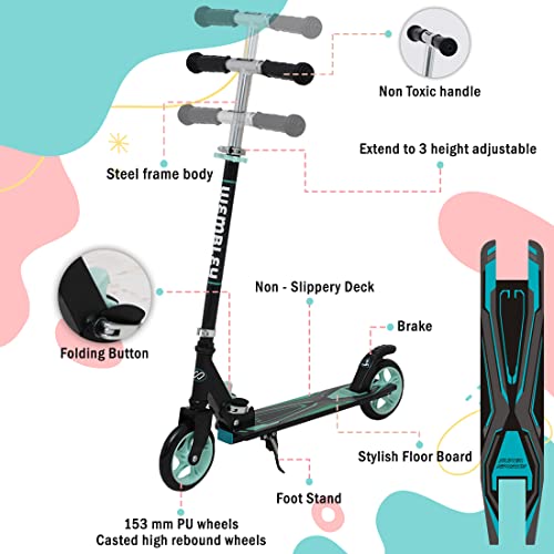 Wembley Drift Scooter for Kids 6-12 Boys and Girls | Steel Frame, Foldable and 3 Height Adjustable | 2 Wheels Road Runner Kick Skating Scooter | Sea Green BIS Certified Weight Capacity 50kg - Image 3