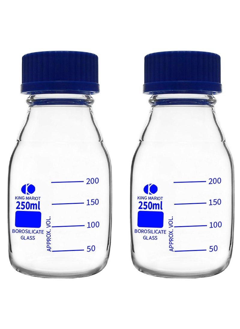 King Mariot 2 Pcs King Mariot 250ml Glass Round Storage Reagent Bottle with Screw Cap | Wide Mouth and outlet ring for Drip-free Pouring | Autoclaved up to 140°c | For Biology Chemistry Laboratory  - Image 1