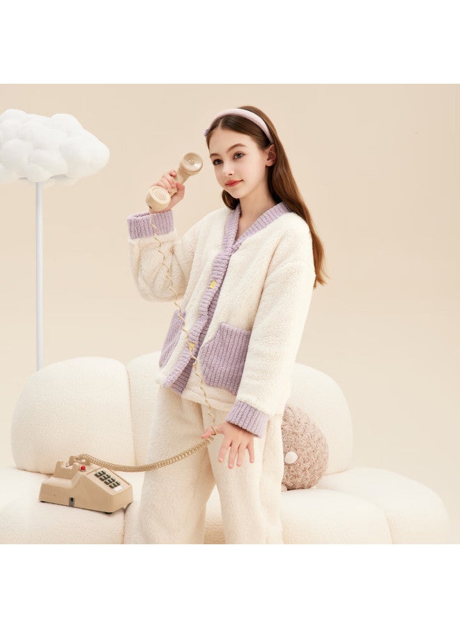 Deesha Thickened Double-sided Flannel Girls' Fleece Cardigan Set Spring Autumn Winter Homewear Pajamas Pants Outerwear - Image 1