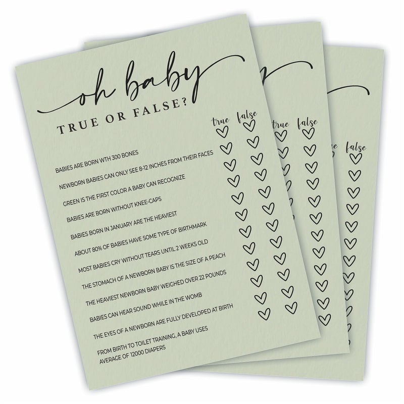 NYCTUG Oh Baby! True Or False Cards - Baby Shower Game & Activity - 5"X7" Moss Green Double-Sided Fill In Style Game Cards, Gender Reveal Game - Baby Shower Party Favors (Pack Of 30 & 1 Answer Card)-B05 - Image 1