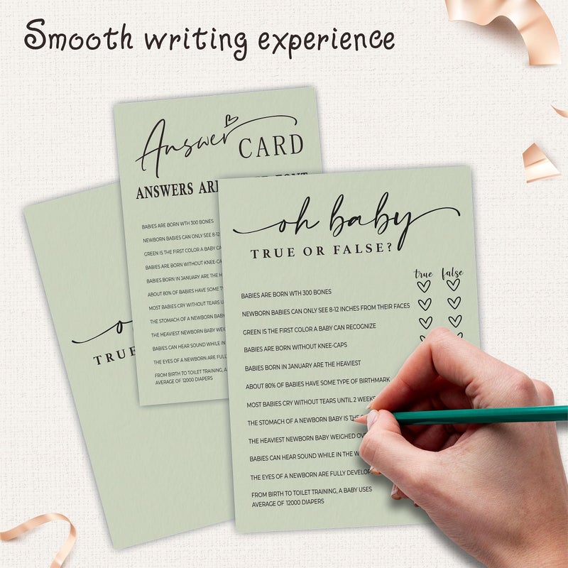 NYCTUG Oh Baby! True Or False Cards - Baby Shower Game & Activity - 5"X7" Moss Green Double-Sided Fill In Style Game Cards, Gender Reveal Game - Baby Shower Party Favors (Pack Of 30 & 1 Answer Card)-B05 - Image 3
