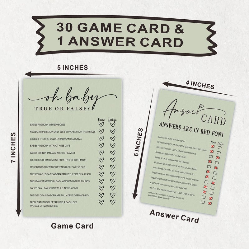 NYCTUG Oh Baby! True Or False Cards - Baby Shower Game & Activity - 5"X7" Moss Green Double-Sided Fill In Style Game Cards, Gender Reveal Game - Baby Shower Party Favors (Pack Of 30 & 1 Answer Card)-B05 - Image 2
