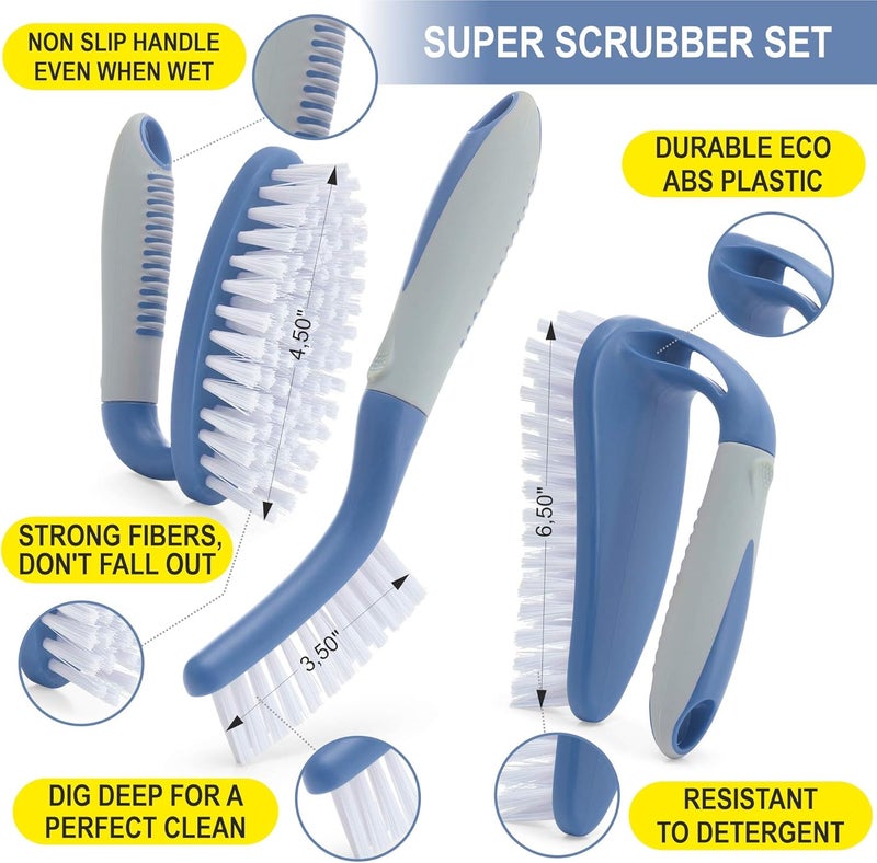 Trazon Scrub Brush Set of 3pcs - Cleaning Shower Scrubber with Ergonomic Handle and Durable Bristles - Grout Cleaner Brush - Scrub Brushes for Cleaning Bathroom/Shower/Tile/Kitchen/Floor/Bathtub/Carpet, Blue All-round unified build - Image 2