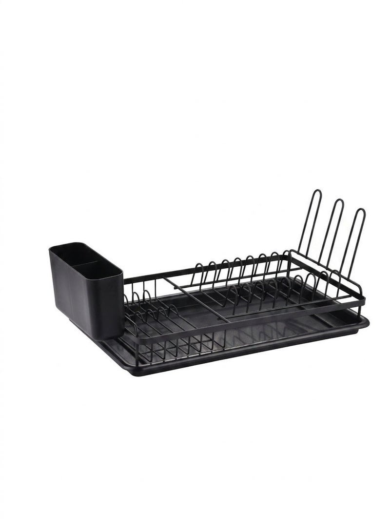 Dish drying rack, iron kitchen with plastic tray and cutlery holder - black 45x23.5x15 cm - Image 1