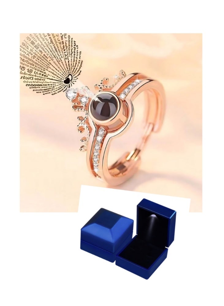 LATEEN I Love You Projection Adjustable Ring 100 Languages Lovers Queen Crown Jewelry Stylish Valentine Proposal Engagement Ring Gift for Girlfriend Couple Rings Women & Girls (Rose Gold Ring) With LED Ring Gift Box - Image 1