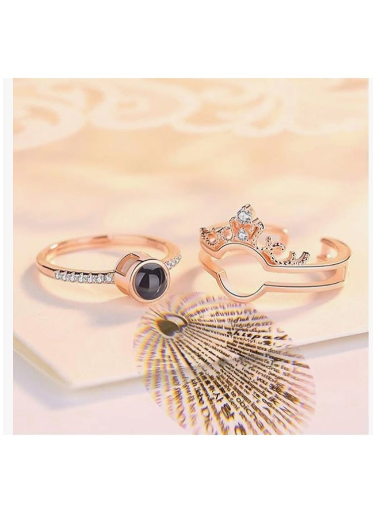 LATEEN I Love You Projection Adjustable Ring 100 Languages Lovers Queen Crown Jewelry Stylish Valentine Proposal Engagement Ring Gift for Girlfriend Couple Rings Women & Girls (Rose Gold Ring) With LED Ring Gift Box - Image 5