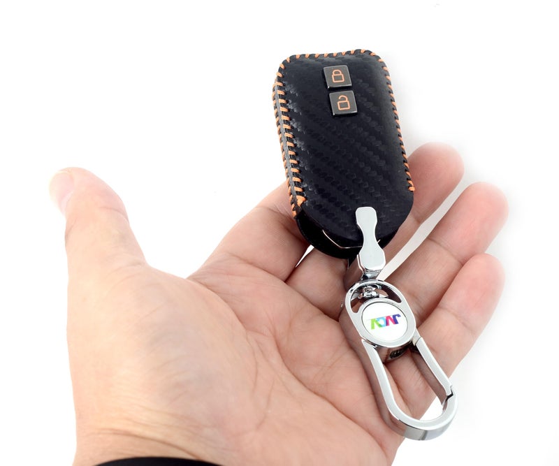 JVCV® Handmade Carbon Fiber Pattern Leather Key Cover Compatible with Suzuki Jimny Fronx Grand Vitara Victoris Baleno XL6 Swift Ertiga Dzire Rumion Glanza Hyryder Smart Key (Black Orange) - Image 3