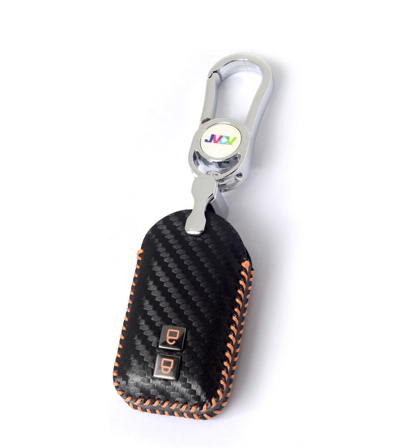 JVCV® Handmade Carbon Fiber Pattern Leather Key Cover Compatible with Suzuki Jimny Fronx Grand Vitara Victoris Baleno XL6 Swift Ertiga Dzire Rumion Glanza Hyryder Smart Key (Black Orange) - Image 1