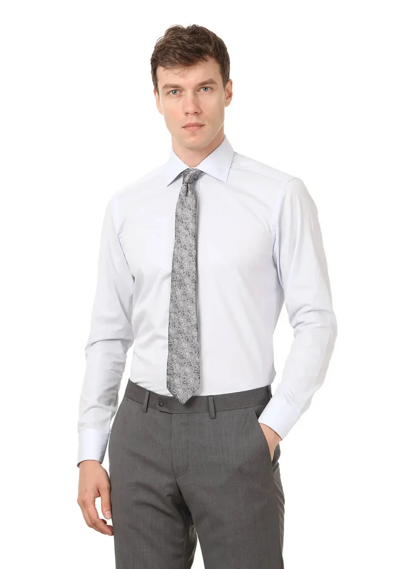 RAMSEY Light Blue Plain Regular Fit Weaving Classical Cotton Blended Shirt