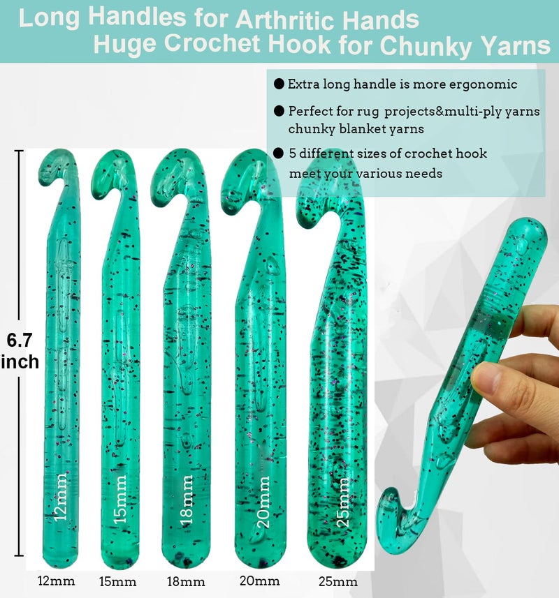 Weabetfu 5 Large Crochet Hook,25mm 20mm 18mm 15mm 12mm Size Crochet Hooks, Large Crochet Hook for Chunky Yarn,24PCS Big Crochet Hooks,10mm-25mm Crochet Needles with Case (Green) - Image 3