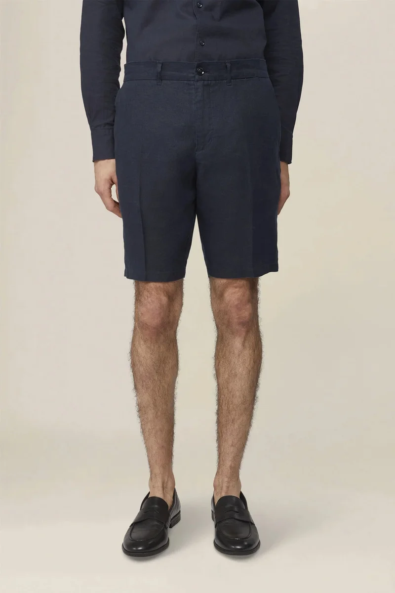 دوبل غانغر Men's 100% linen Bermuda shorts, regular fit - DK Blue