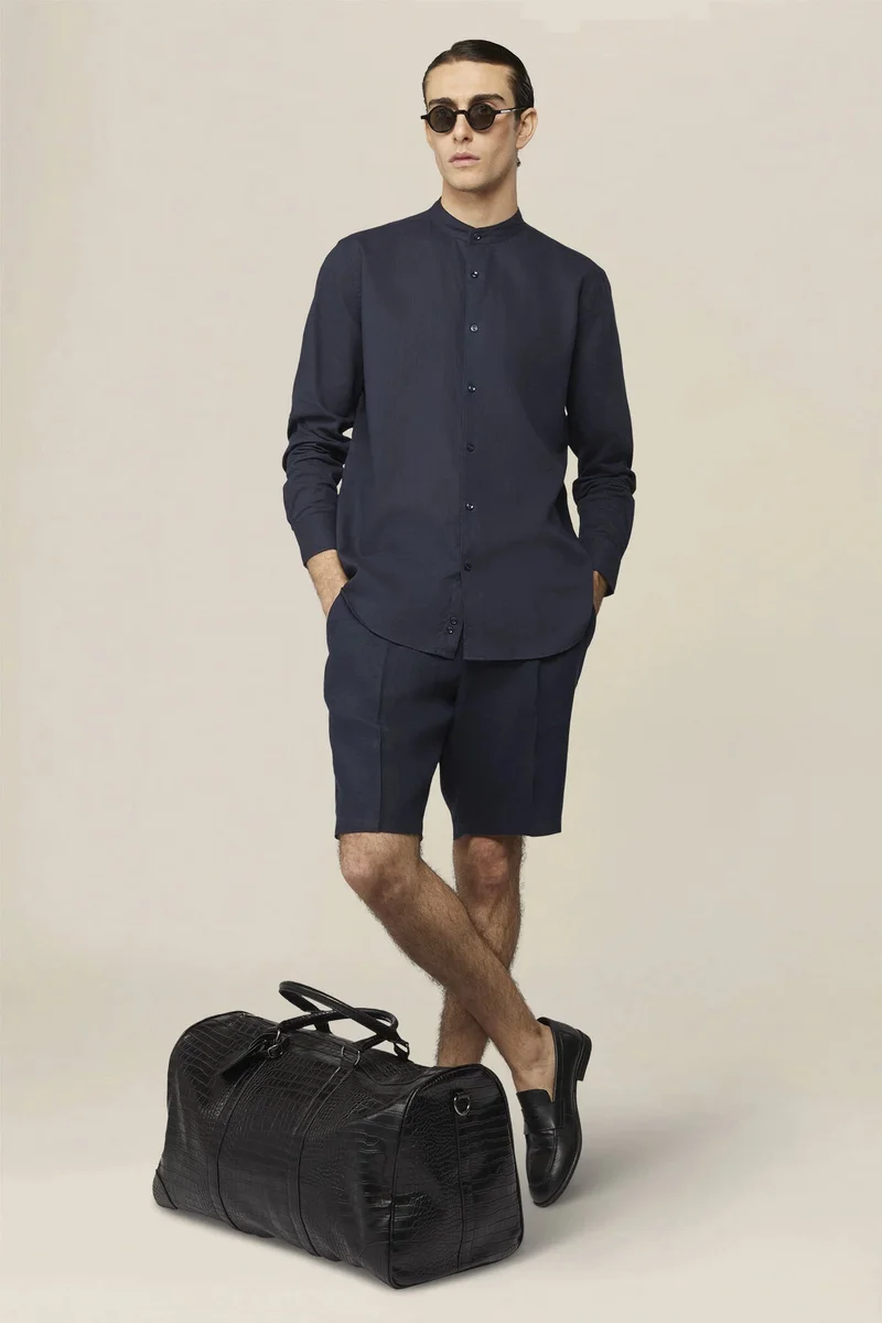 Men's 100% linen Bermuda shorts, regular fit - DK Blue
