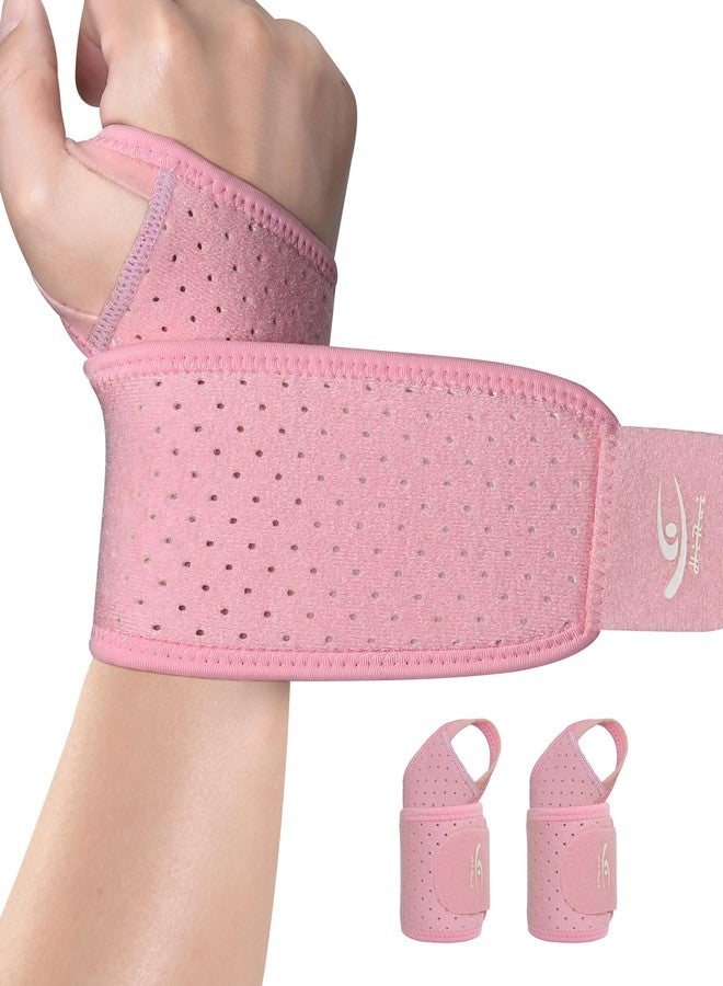 HiRui Wrist Wraps 2-Pack, Adjustable Breathable Wrist Support Brace for Men & Women - Pain Relief for Carpal Tunnel Syndrome, Tendonitis, Arthritis, Sports, Workouts - Fits Left & Right Hand (Pink) - Image 1