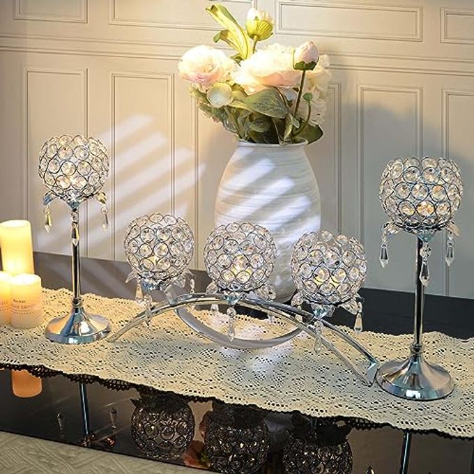 kehail Set of 3 Silver Crystal Tea Light Candlestick Holders Flower Shape with Crystal Pendant Bowl Votive Metal Candle Holder for Table Centerpieces Wedding Home Decor - Image 3