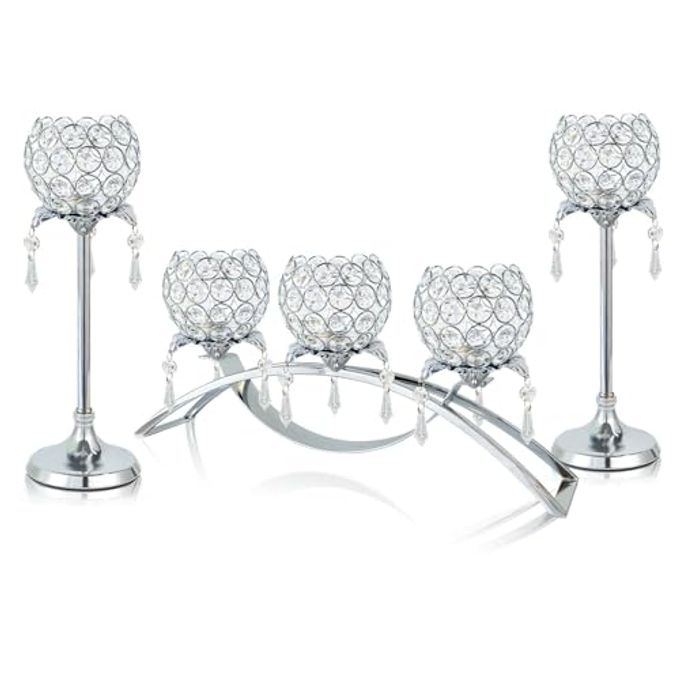 kehail Set of 3 Silver Crystal Tea Light Candlestick Holders Flower Shape with Crystal Pendant Bowl Votive Metal Candle Holder for Table Centerpieces Wedding Home Decor - Image 1