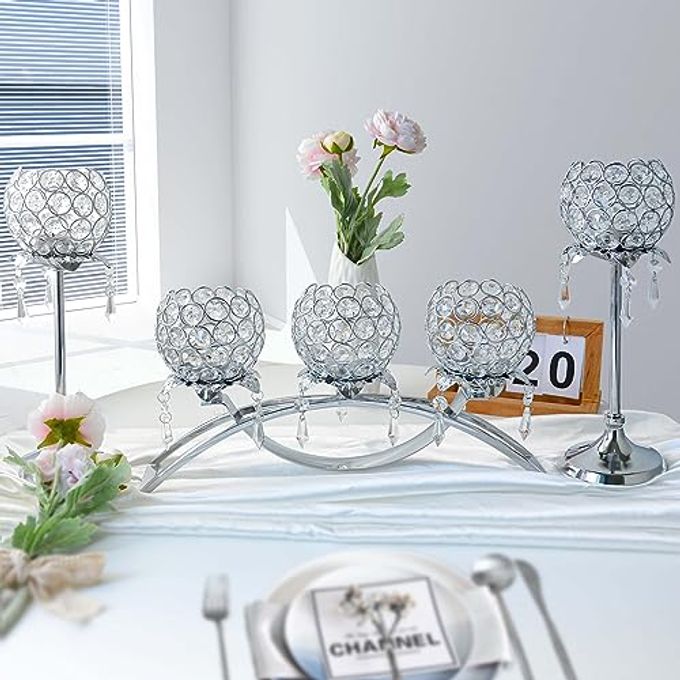 kehail Set of 3 Silver Crystal Tea Light Candlestick Holders Flower Shape with Crystal Pendant Bowl Votive Metal Candle Holder for Table Centerpieces Wedding Home Decor - Image 2
