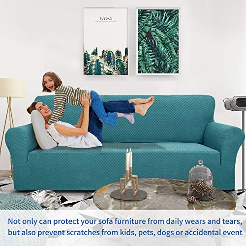 ZNSAYOTX 1 Piece Jacquard Couch Covers for 2 Cushion Couch High Stretch Loveseat Slipcover for Pets Dogs Anti Slip Love Seat Sofa Slipcover Furniture Protector (Loveseat, Peacock Blue) - Image 2