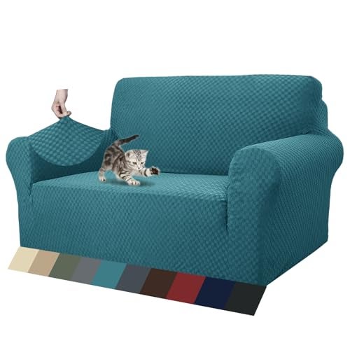 ZNSAYOTX 1 Piece Jacquard Couch Covers for 2 Cushion Couch High Stretch Loveseat Slipcover for Pets Dogs Anti Slip Love Seat Sofa Slipcover Furniture Protector (Loveseat, Peacock Blue) - Image 1