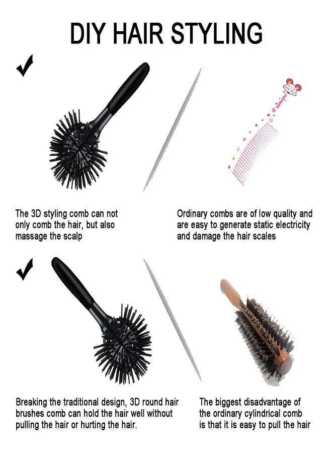 Aaiffey 3D Round Hair Brushes for Women Blow Drying Detangling Hairbrush 360 Degree Styling Hair Brush for Thick Curly Hair Circle Hair Comb for Wet and Dry Hair (E084) (Black) - Image 3