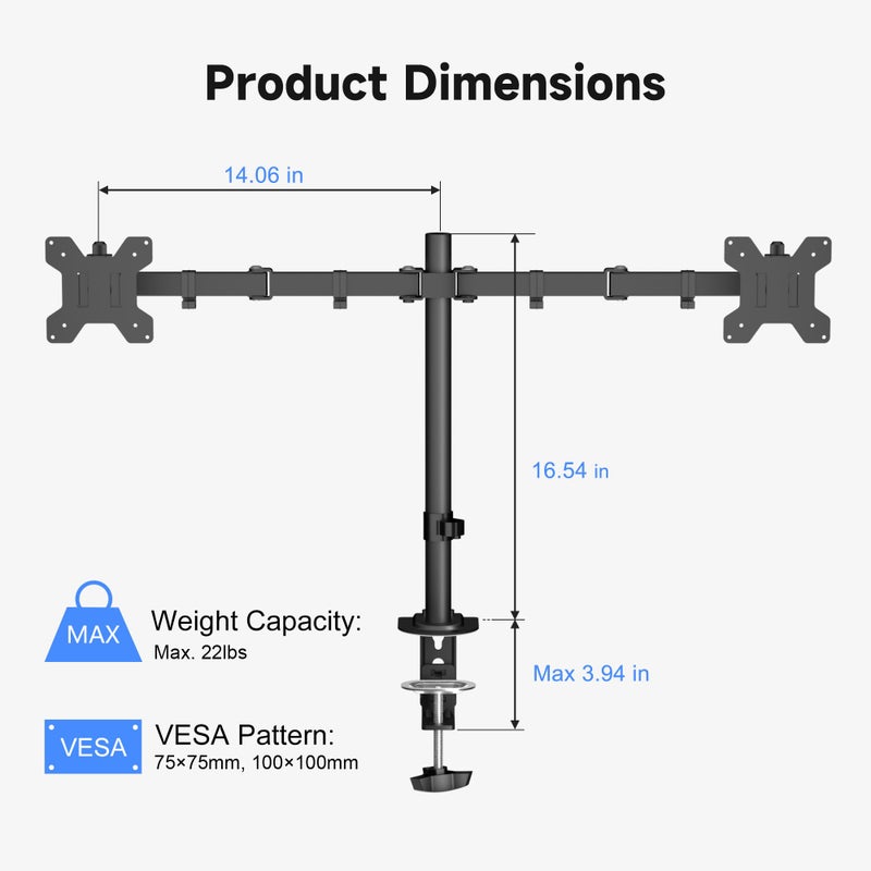 Pholiten Dual Monitor Stand, Heavy Duty Adjustable Monitor Arm Desk Mount for 2 Screens up to 32 Inches, Tilt, Swivel, Rotate, Supports 22 lbs per Monitor Arm - Image 2