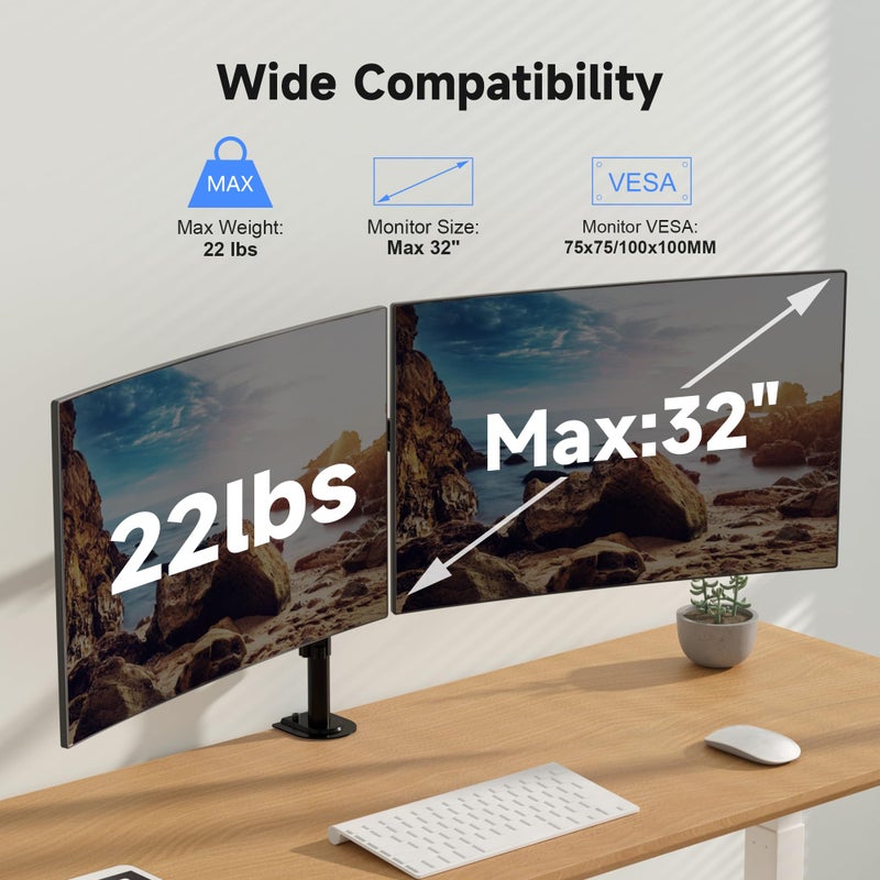 Pholiten Dual Monitor Stand, Heavy Duty Adjustable Monitor Arm Desk Mount for 2 Screens up to 32 Inches, Tilt, Swivel, Rotate, Supports 22 lbs per Monitor Arm - Image 3