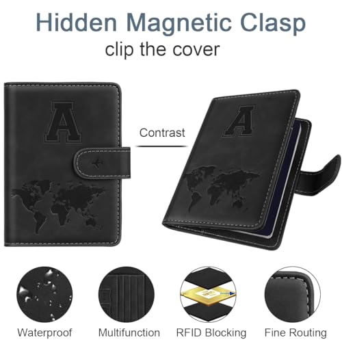 Simikol Initial A Passport Holder Cover Personalized Letter A-Z Travel Wallet RFID Blocking Passport Cover Credit Card Holder Case Passport Book Holders for Women and Men, Black-A - Image 4