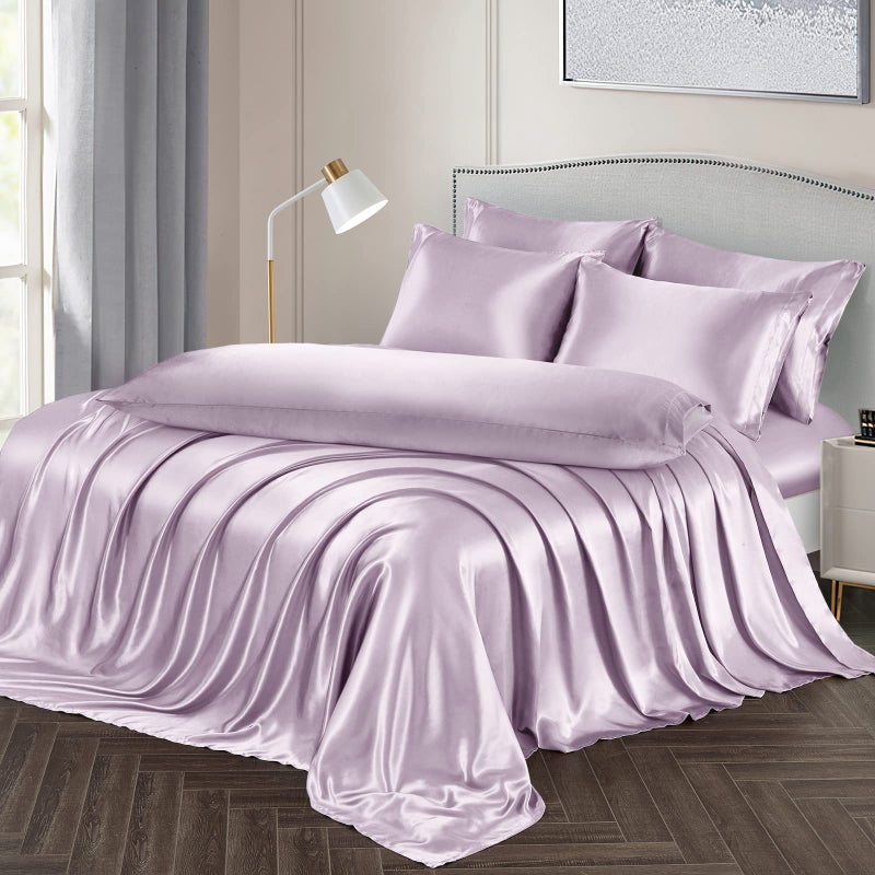 Ersmak 7 Pieces Satin Sheets Set Full Size Luxury Silky Lavender Satin Bed Sheets Set with 1 Deep Pocket Fitted Sheet 1 Soft Flat Sheet 4 Queen Pillowcases and 1 Body Pillowcase